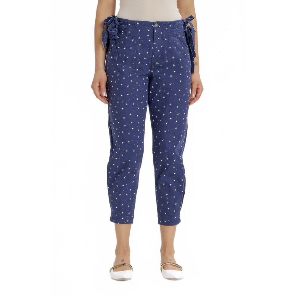 Something Navy Floral Sydney Side Tie Denim Pants 8 NWT